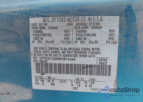 1998 Ford F-150 Lariat/Standard/Xl/Xlt из США, поврежденный, VIN 1FTZX1768WNB13466